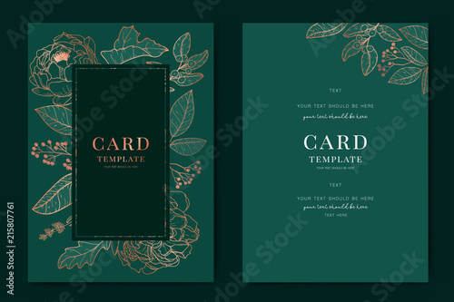 Wedding Invitation, floral invite thank you, rsvp modern card Design in Copper peony with tropical palm leaf greenery eucalyptus branches in emerald background
