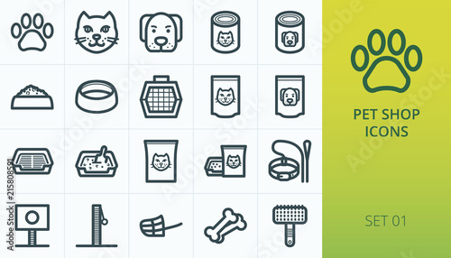 Pet shop icons set. Set of cat and dog, pet carrier, aluminium packing food for cat and dog, litter box toilet, care vector icons