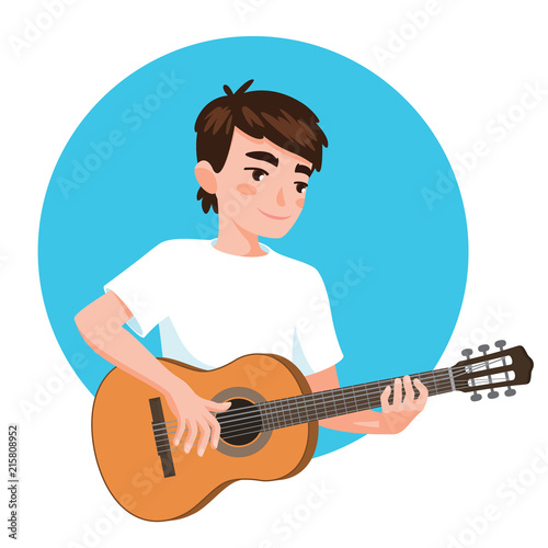 Musician playing guitar. Asian boy guitarist is inspired to play a classical musical instrument. Vector illustration in flat cartoon style in circle on white background for your design and print.