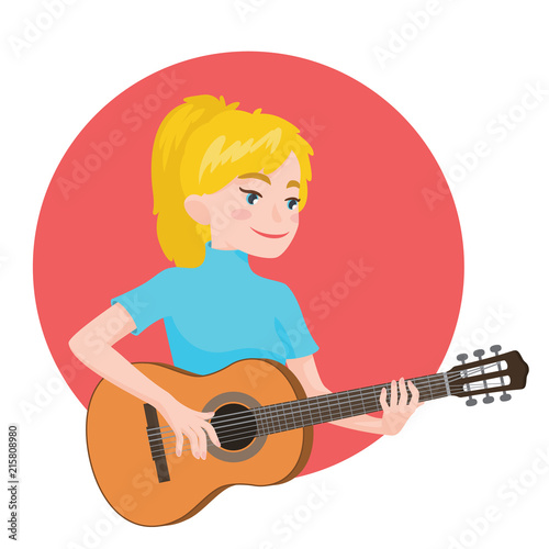 Musician playing guitar. Blonde girl guitarist is inspired to play a classical musical instrument. Vector illustration in flat cartoon style in circle on white background for your design and print.