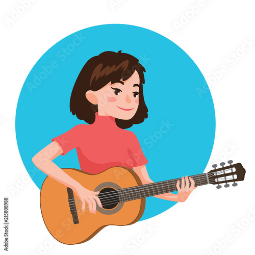 Musician playing guitar. Girl guitarist is inspired to play a classical musical instrument. Vector illustration in flat cartoon style in circle on white background for your design and print.