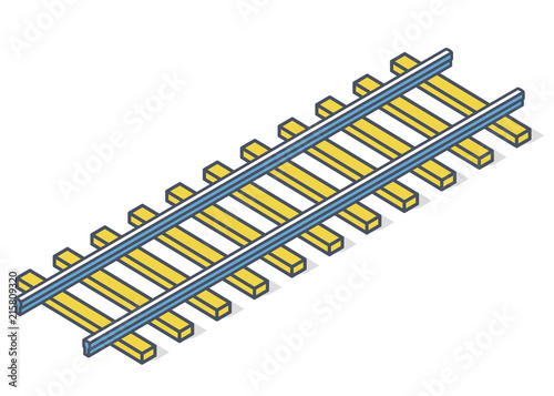Outlined vector railway in isometric 3d perspective isolated on white background with railway cross sign. Industrial transportation building. Metallic track architecture with frets. Rail with sleepers