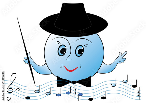 Condutor and notes. Smiley face water bubble music conductor on the waves of musical notation, vector format.