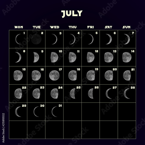 Moon phases calendar for 2019 with realistic moon. July. Vector.