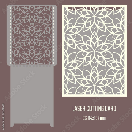 DIY laser cutting vector envelope. Wedding die cut invitation template. Cutout silhouette card. Scrapbook carved paperwork. Floral layout.