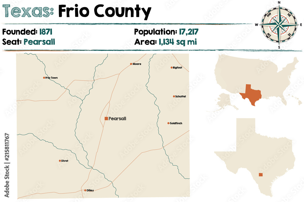 Detailed map of Frio county in Texas, USA.