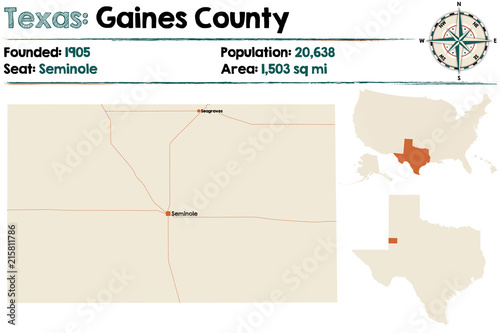 Detailed map of Gaines county in Texas, USA.