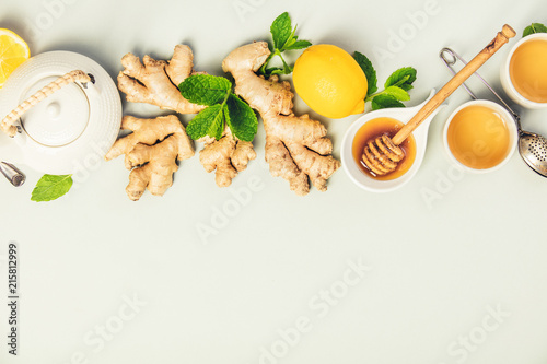 Ginger tea with lemon, honey and mint