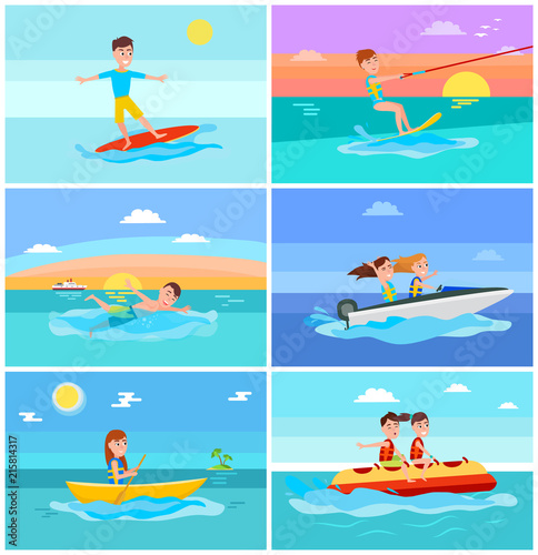 Summer Activities Set Seascape Vector Illustration