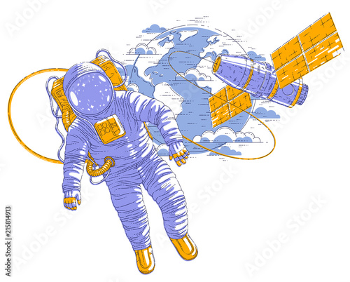 Astronaut flying in open space connected to space station and earth planet in background, spaceman in spacesuit floating in weightlessness and iss spacecraft with solar panels behind him. Vector.