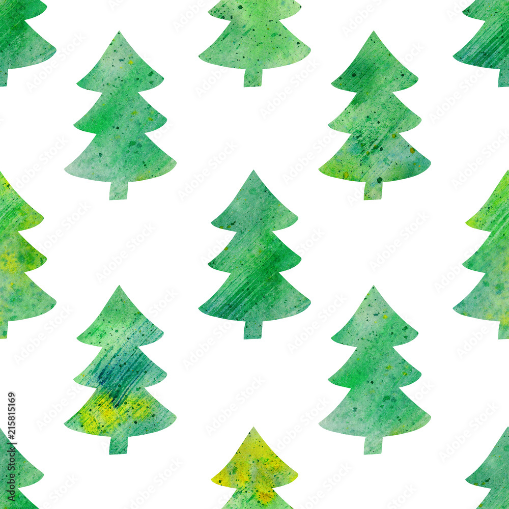 Watercolor seamless pattern with textured Xmas trees. Simple christmas background. Hand-drawn illustration with green silhouette of spruce