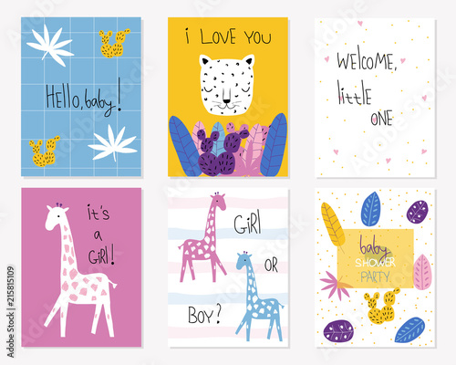 Set of cute jungle baby shower card with tropical leaves and animals. Vector hand drawn illustration.