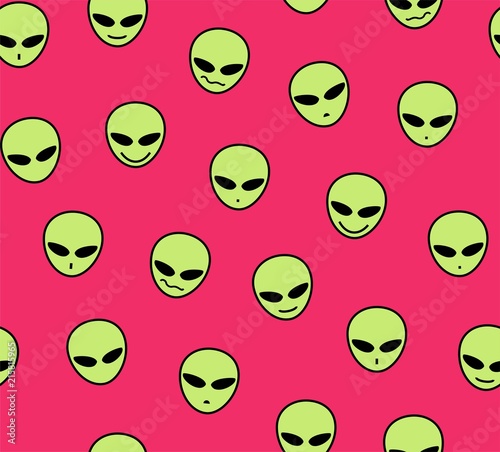Aliens, seamless pattern, color, red, green, different emotions, vector. Green alien faces on a red field. Decorative seamless pattern. Vector image.  