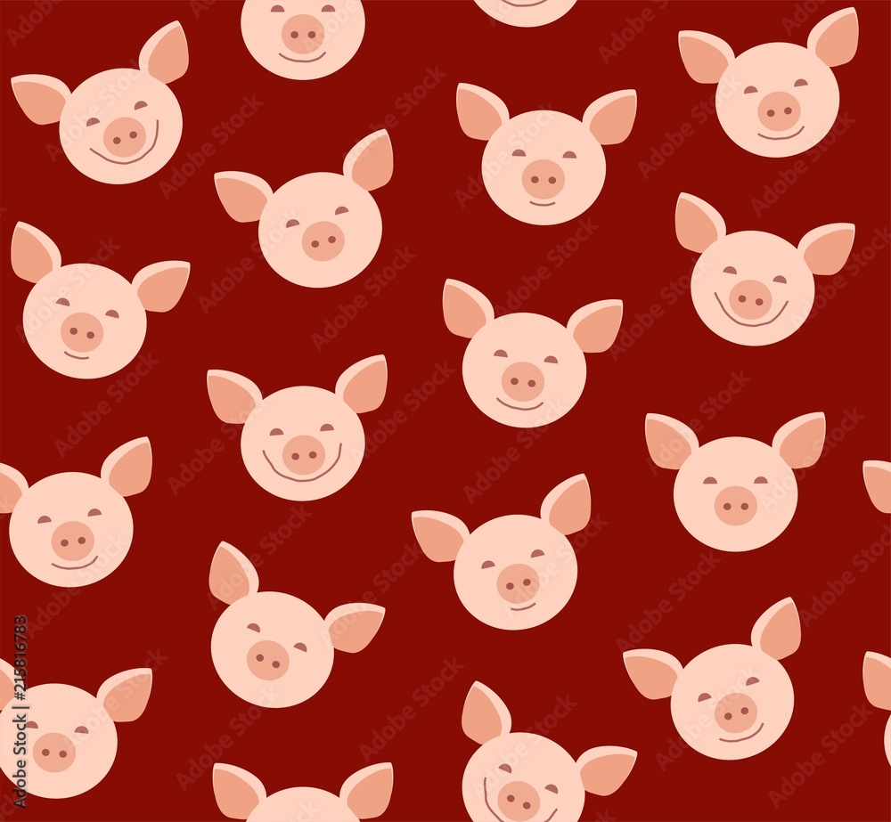 Food, seamless pattern, grocery store, pencil shading, colored, brown, vector. Pink Piglet faces on a red-brown background. Vector flat pattern. Pigs are laughing, different emotions.  