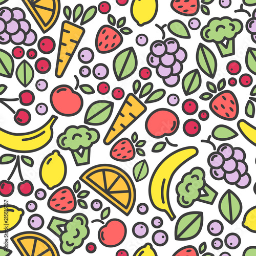 Vector seamless pattern consisting of colorful icons of fruits and vegetables on a white background.
