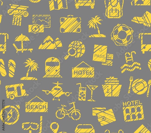 Travel, vacation, Hiking, leisure, seamless pattern, pencil shading, color, gray, yellow, vector. Different types of holidays and ways of travelling. Yellow drawings on a gray background. 