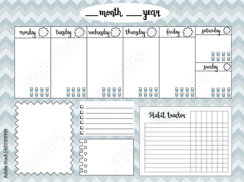 Empty weekly planner with water level tracker, space for notes, To do list and habit tracker, gray chevron background. Schedule and organizer template. Vector