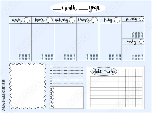 Empty weekly planner with water level tracker, space for notes, To do list and habit tracker, blue background. Schedule and organizer template. Vector