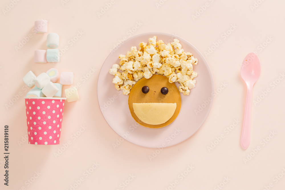 Baby pancakes for breakfast. Creative idea for the kid dessert