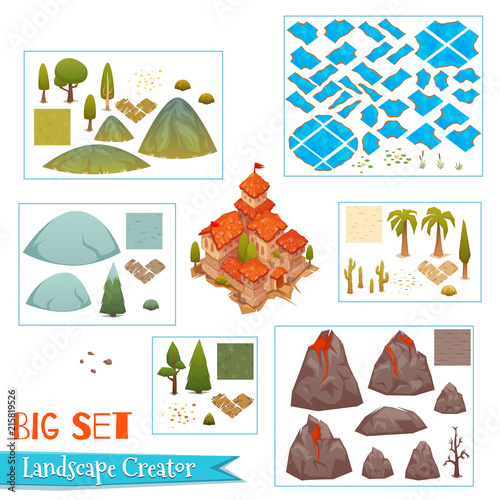 Set of landscape elements with castle, rivers, trees, grass and other. Vector illustration