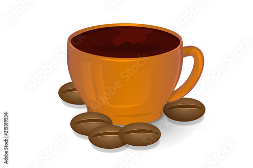 Cup of coffee and coffee beans brown color on a white background