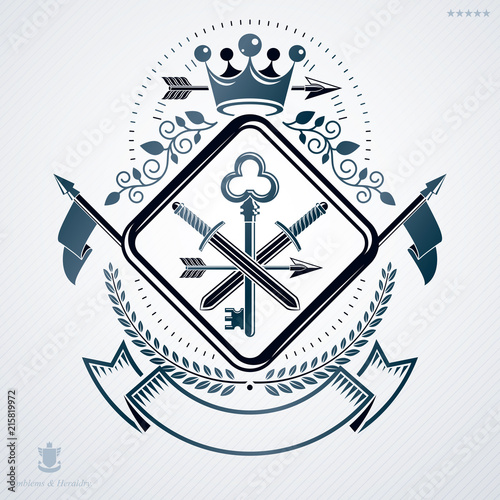 Vintage vector emblem made in heraldic design and decorated with monarch crown and armory