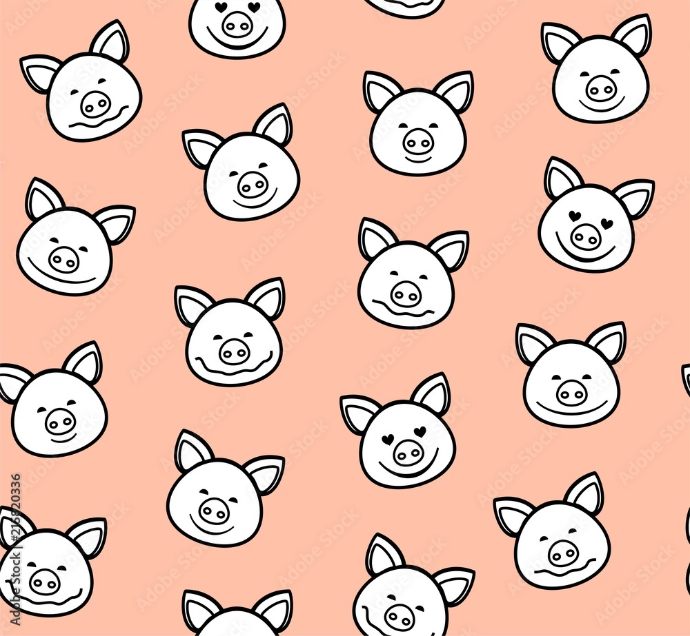 Fototapeta premium Piglets, seamless pattern, pink, vector. The white faces of the pigs with a black outline on a pink background. Vector flat pattern. Pigs are laughing, different emotions. 