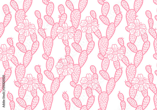 Cute pink cactus hand drawing with flowers wide card. Vector illustration cacti isolated on white background.