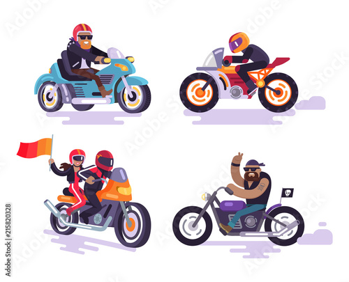 Bikers Ride Modern Motorbikes, Set Motorized Bikes