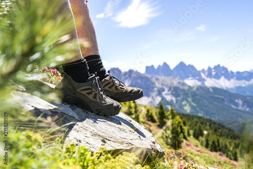 Hiking Shoes in front of the Geisler Alps in South Tyrol (Dolomites)
