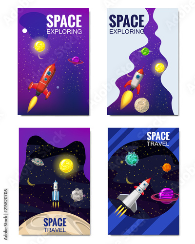 Set of space Template , space travel, exploration of the universe, other planets, flying rockets, stars of distant galaxies, vector, banner, illustration, isolated. Template of flyear, magazines