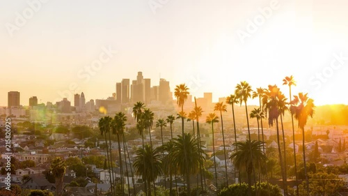 Downtown Los Angeles and Palm Trees at Sunset TimeSlice Timelapse