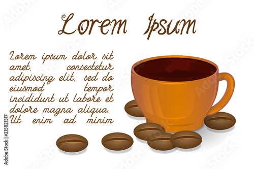 Cup of coffee and coffee beans on a white background