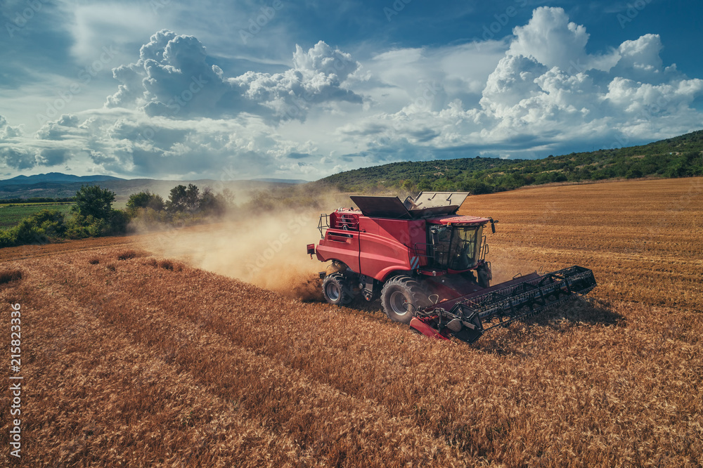 Obraz premium Aerial view of combine on harvest field