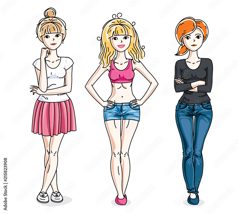 Attractive young women standing wearing casual clothes. Vector characters set.