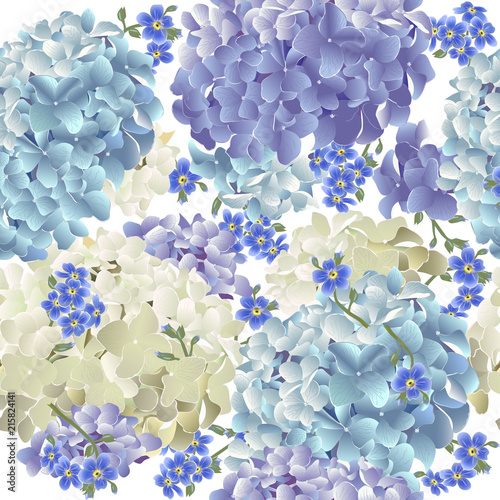 Vector botanical seamless pattern with forget-me-nots and hydrangea flowers. Modern floral pattern for textile  wallpaper  print  gift wrap  greeting or wedding background. Spring or summer design.