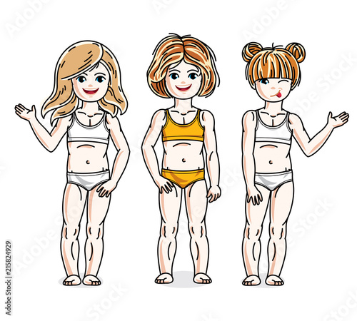 Little girls cute children group standing in colorful bikini. Vector kids illustrations set. Childhood and family lifestyle cartoons.