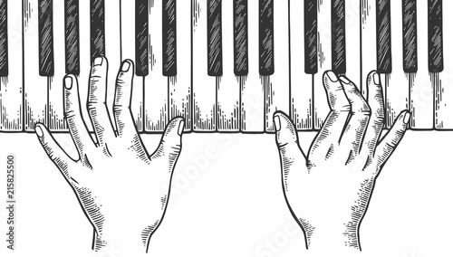 Hands and piano engraving vector illustration