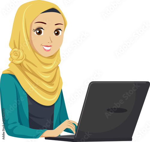 Teen Girl Muslim Laptop Illustration