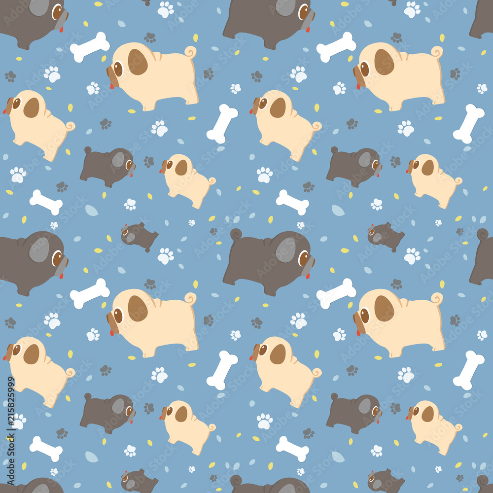 Vector seamless pattern with cute cartoon dog breed pug with paws ...
