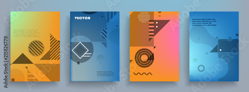 Covers templates set with graphic geometric elements. Applicable for brochures, posters, covers and banners. Vector illustrations.