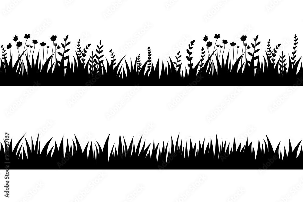 Vector black grass: natural, organic, bio, eco label and shape on white background. Seamless brush, pattern