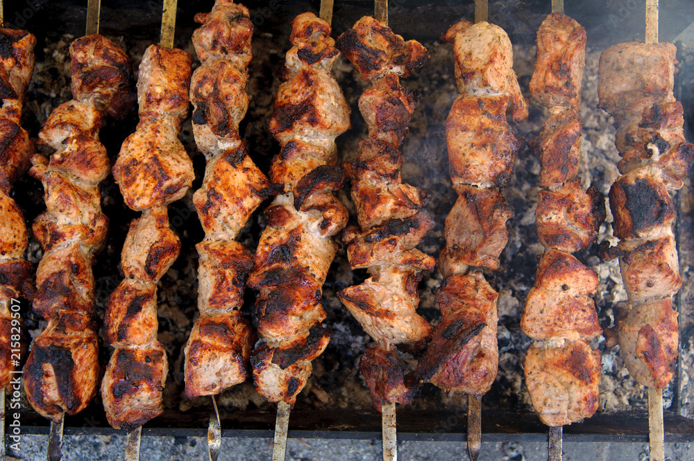 Shashlik, cooked over an open fire on the coals
