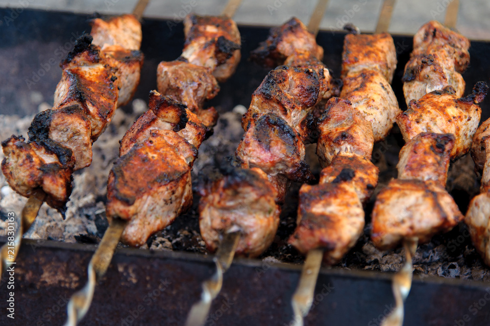 Shashlik, cooked over an open fire on the coals Shashlik, cooked over an open fire on the coals