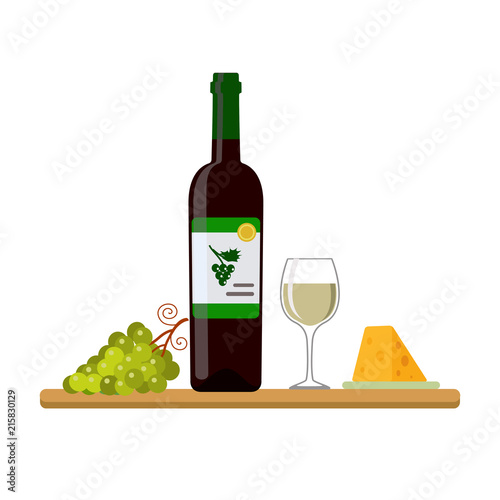 Bottle of white wine  wine glass  grapes and cheese  isolated on white background