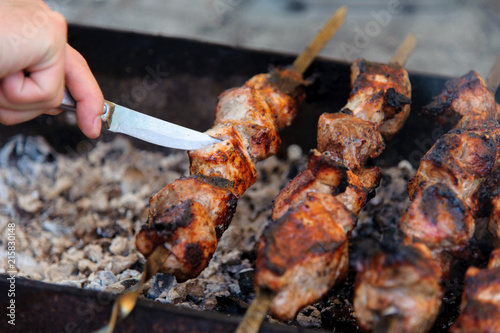 Shashlik, cooked over an open fire on the coals