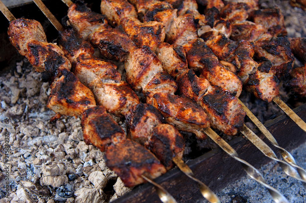 Shashlik, cooked over an open fire on the coals Shashlik, cooked over an open fire on the coals