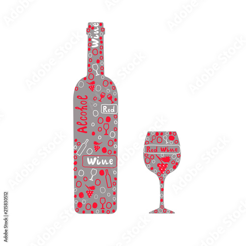 Bottles wine and glass, decorated elements and isolated on white background