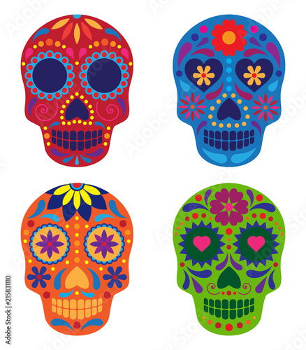 vector collection of mexican sugar skulls on white background