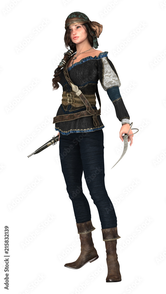 3D Rendering Pirate Woman on White 3D Rendering Pirate Woman on White